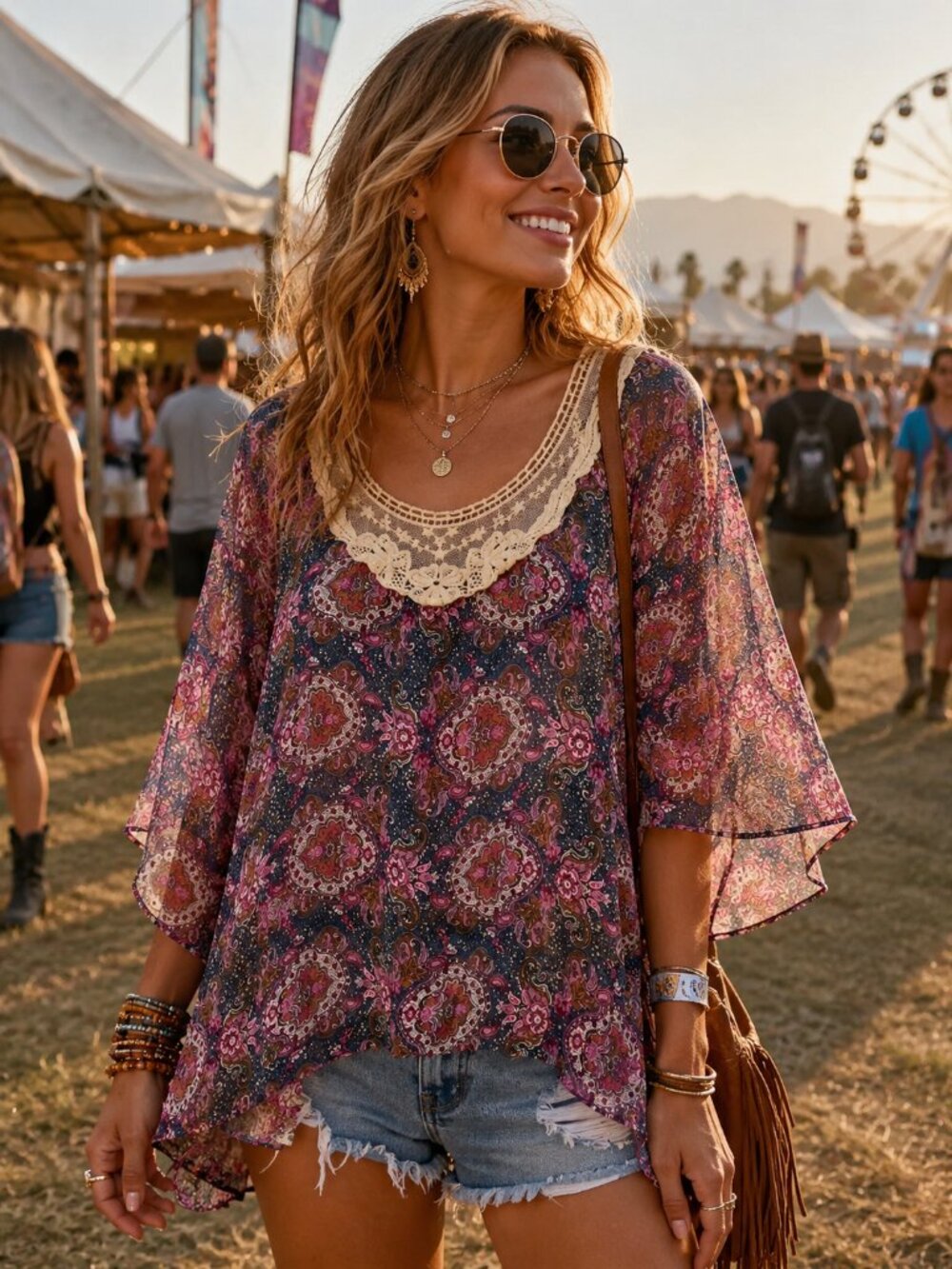 Cotton Express Sheer Boho Paisley Blouse Crochet Lace Flowy Poncho Sleeve Top XL